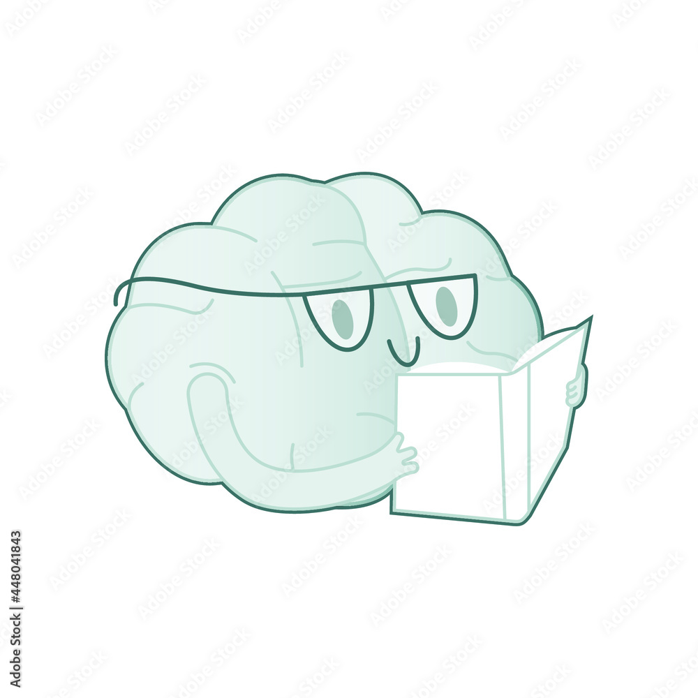 Happy Brain Black and White Color in Glasses Read Red Book. Modern Flat Vector Illustration. Train Your Brain. Social Media Template.