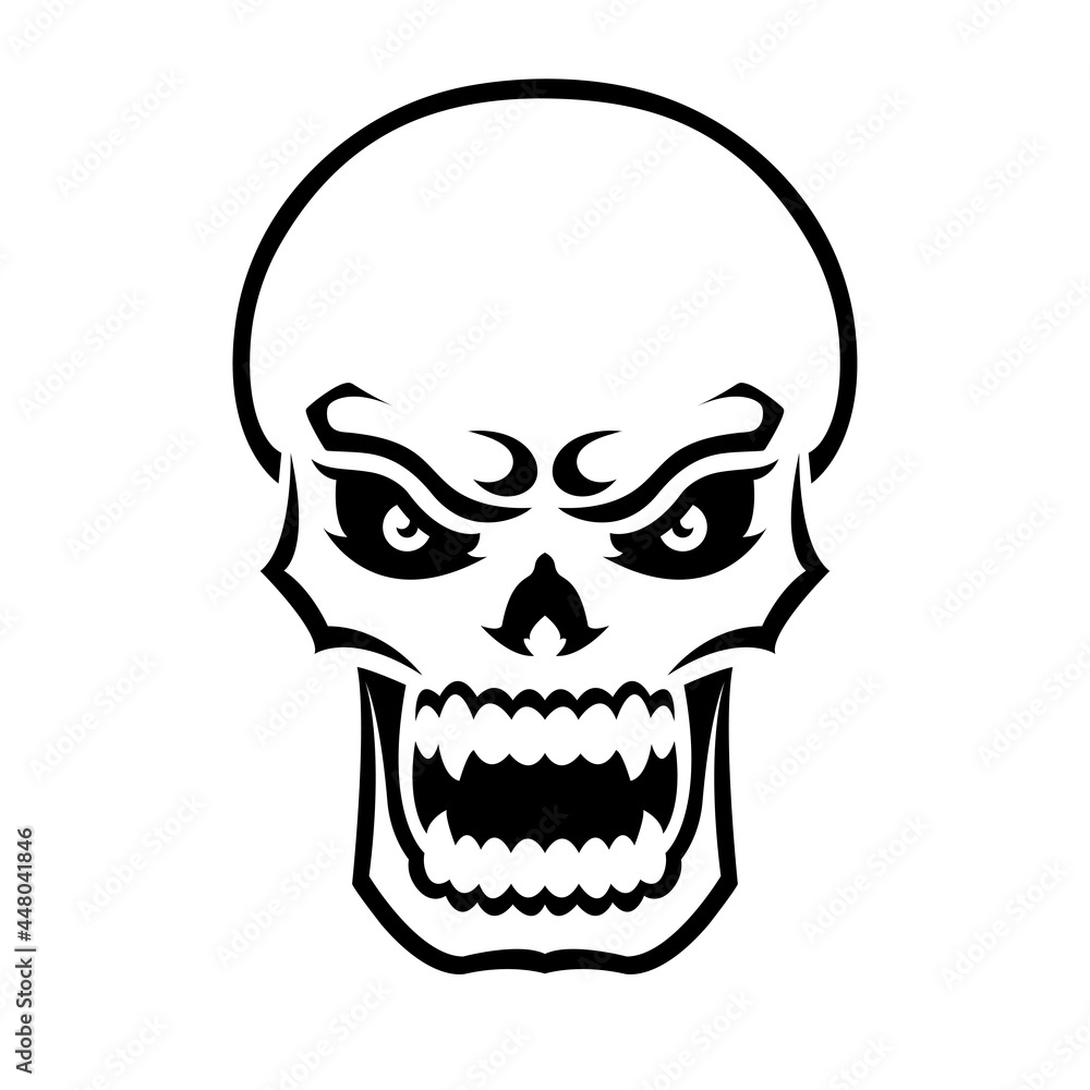 Angry skull. Outline silhouette. Design element. Vector illustration isolated on white background. Template for books, stickers, posters, cards, clothes. Angry skull. Outline silhouette. Design element. Vector illustration isolated on white background. Template for books, stickers, posters, cards, clothes.