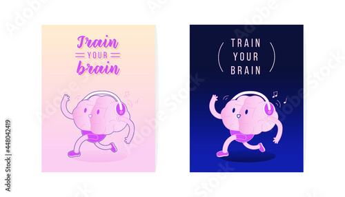 Set Cards Train Your Brain. Brain Run and Listen to the Music in Headphones on Colorful Background. Modern Flat Vector Illustration. Train Your Brain. Social Media Template.