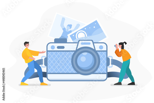Photographer occupation, photo studio, hobby. Two people posing near big photo camera. Modern vector illustration