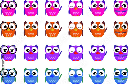 Owl icons, colorful owls with different expressions, emotions and accessories