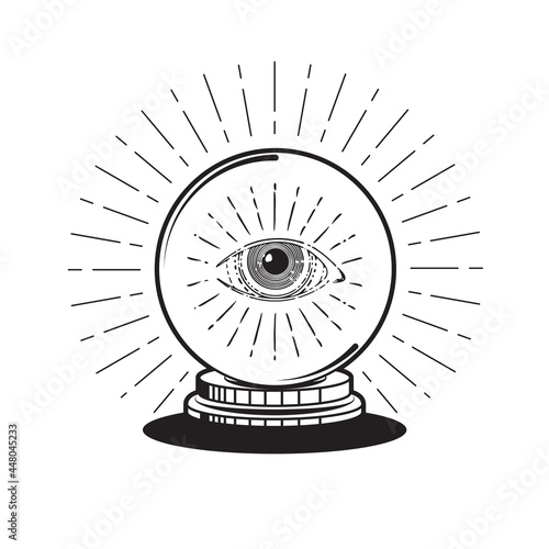 Magic crystal ball with all seeing eye, vintage design element. Future concept. Vector illustration isolated on white background, EPS 10 photo