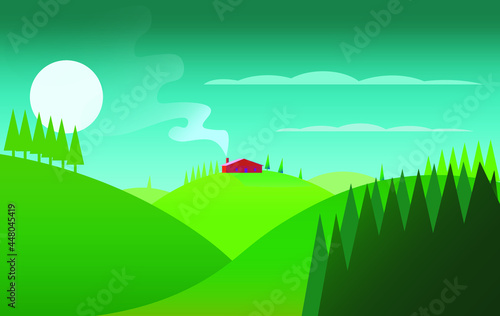 Flat vector illustration of a summer landscape with red house on the top of a mountain with a smoking chimney. Minimalist summer landscape.