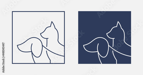 Veterinary, pet shop square logo. Dog and cat head, line design icon. Vector illustration, EPS 10