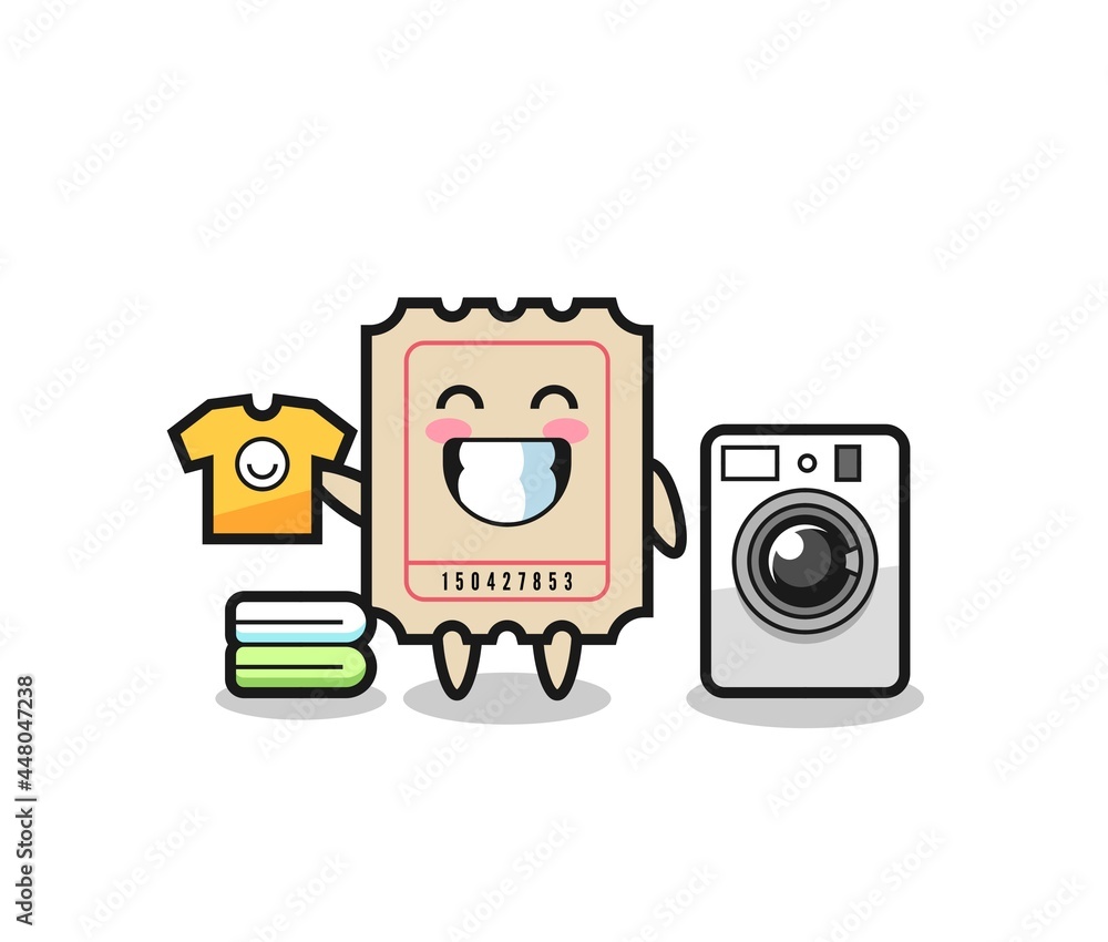 Mascot cartoon of ticket with washing machine Mascot cartoon of ticket with washing machine