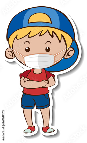 A sticker template with a boy wearing medical mask cartoon character
