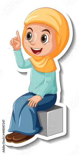 A sticker template with Muslim girl cartoon character