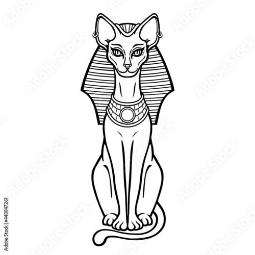 Animation portrait Ancient Egyptian goddess Bastet (Bast) in the royal headdress. Sacred cat. Vector illustration isolated on a white background. Print, poster, tatoo.