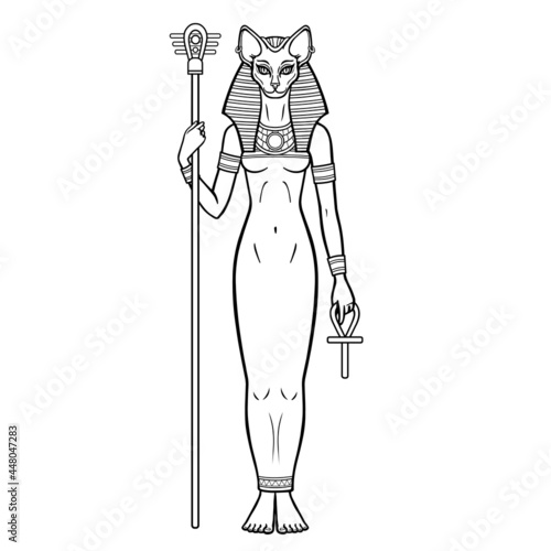 Animation portrait Ancient Egyptian goddess Bastet (Bast) holds symbols of power: staff and cross. Sacred woman cat. Vector illustration isolated on a white background. 