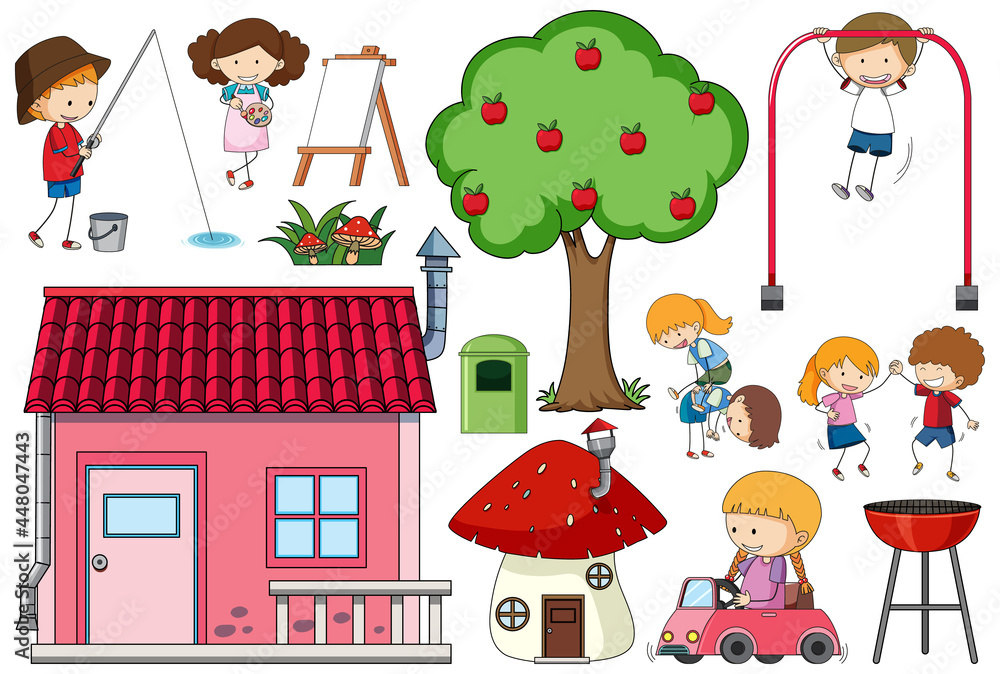 Set of many children with a house Set of many children with a house