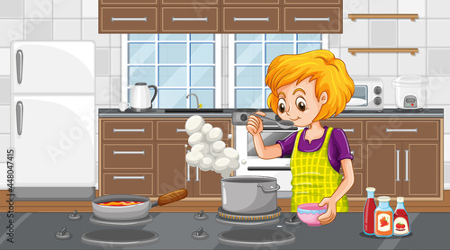 A happy woman cooking in the kitchen scene