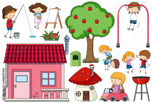 Set of many children with a house