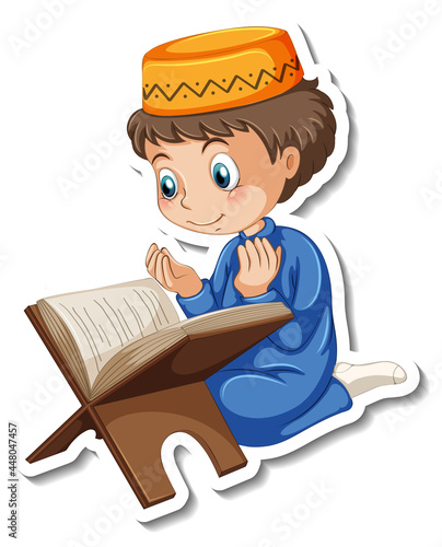 A sticker template with Muslim boy reading quran book