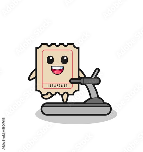 ticket cartoon character walking on the treadmill