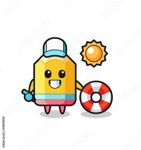 Cartoon mascot of pencil as a beach guard