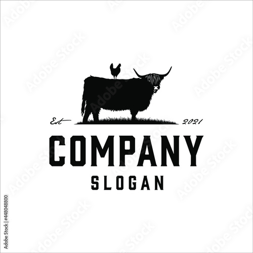 Highland Cattle and hen logo with vintage style design