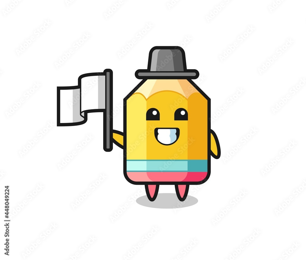 Cartoon character of pencil holding a flag