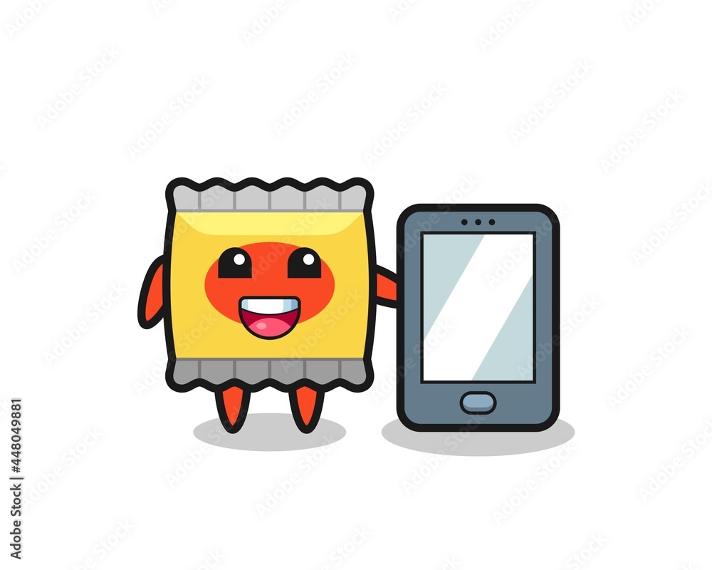 snack illustration cartoon holding a smartphone