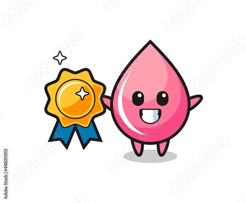 strawberry juice drop mascot illustration holding a golden badge