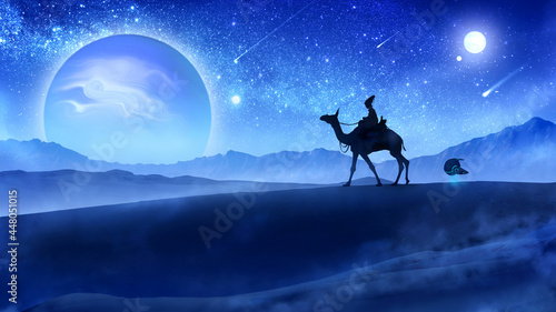 A black silhouette of a girl riding an unusual camel with funny ears  he merrily steps forward through the alien desert in the sky there is a huge blue platnet  a lot of stars and comets 2d art