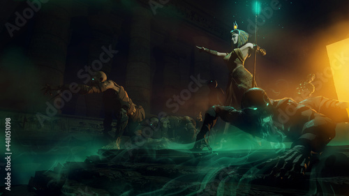 Φωτογραφία An Egyptian priestess has raised an army of zombie mummies in bandages, they ominously go on her orders spreading a green corpse glowing mist, a woman stands proudly with a staff in a sexy dress