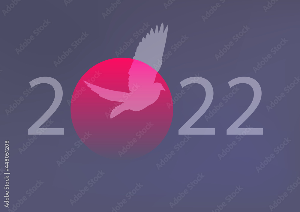 Concept de carte de vœux pour 2022, sur le thème de la paix et de la liberté avec une colombe qui s’envole devant un coucher de soleil.
