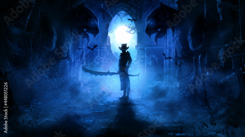 A sinister warrior in a hat and jacket with a huge serrated sword stands in a Gothic ruin in the blue mist of a moonlit night, flanked by ugly gargoyles, his eyes glow ominously in the dark. 2d
