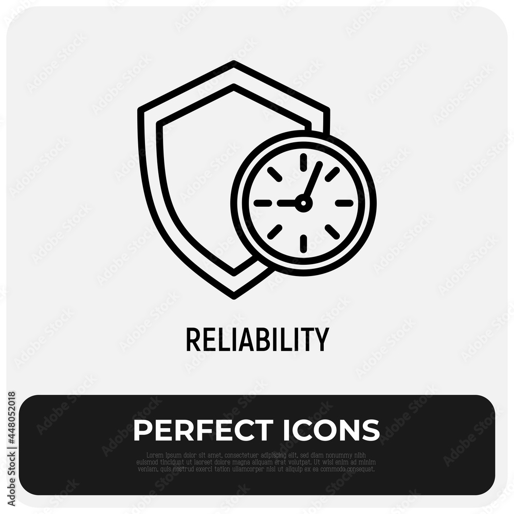 Reliability, time-tested thin line icon. Shield with clock. Symbol of support. Vector illustration. Reliability, time-tested thin line icon. Shield with clock. Symbol of support. Vector illustration.