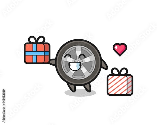 car wheel mascot cartoon giving the gift