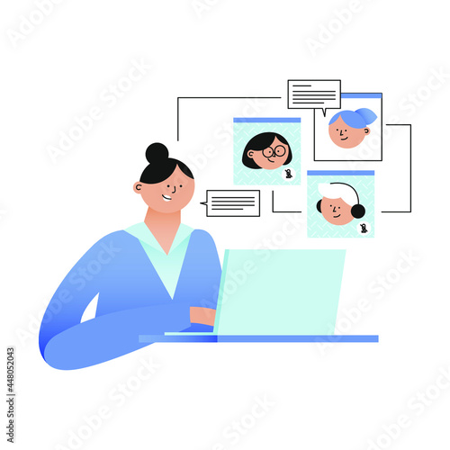Happy Woman at Video Call Meeting. Modern Flat Vector Illustration. Cute Little Faces. Girl Talk with Teacher. Study Online. Remote Work. Social Media Template. © dot_studio