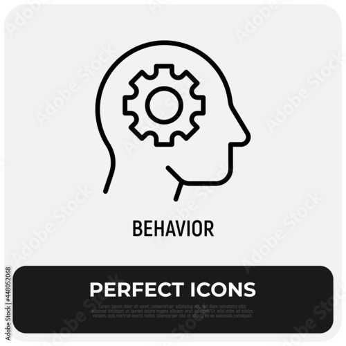Human behavior thin line icon. Psychotherapy, psychoanalysis. Objectivity, critical thinking, rationalization. Cogwheel in human head. Vector illustration.