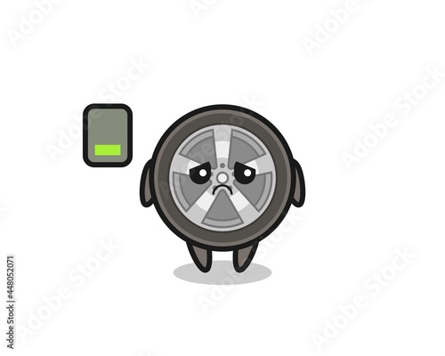 car wheel mascot character doing a tired gesture