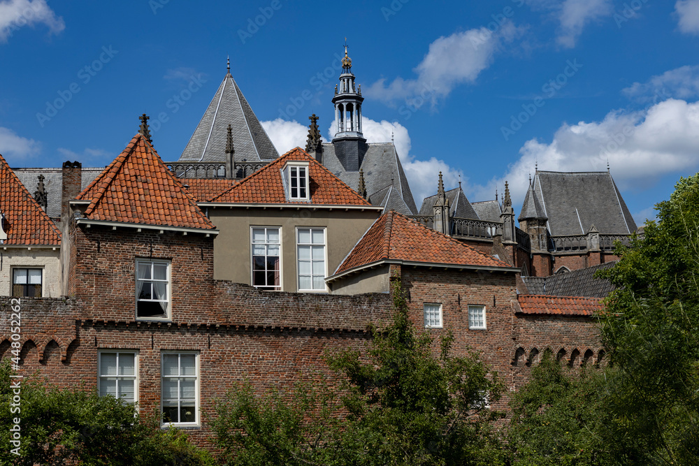 Naklejka premium Medieval city wall of Hanseatic city Zutphen in The Netherlands against a blue sky with cumulus clouds in full sunlight with greenery in front. Historic architectural detail of Dutch town.