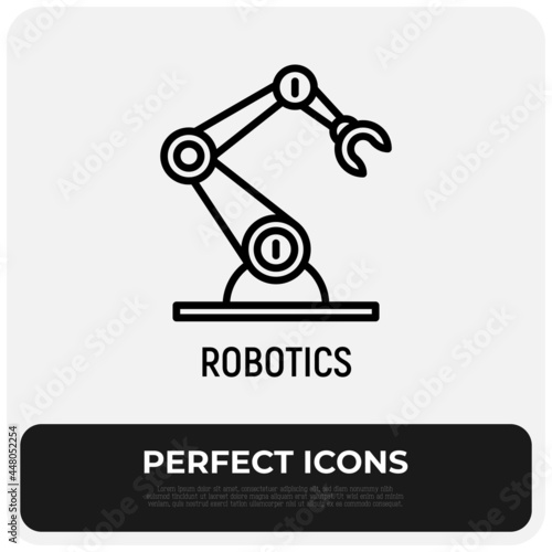 Industrial robotic arm thin line icon. Robotization, automated process. Modern vector illustration