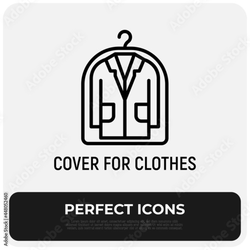 Suit from dry cleaning thin line icon, dust cover for clothing. Garment cover. Symbol of laundry. Modern vector illustration.
