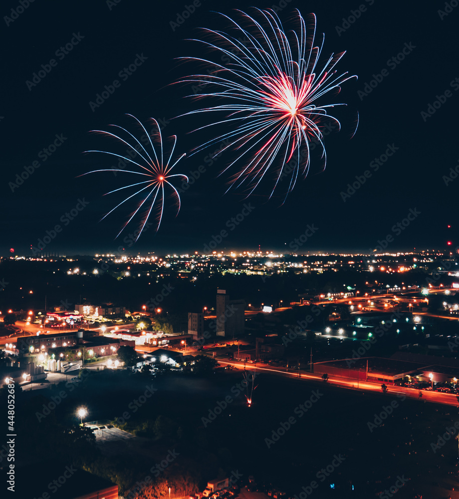 An explosion of fireworks from above. The photo was taken on the engine. High quality photo An explosion of fireworks from above. The photo was taken on the engine. High quality photo