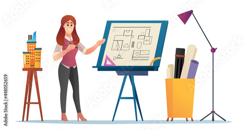 Female architect presenting project concept cartoon illustration. Woman engineer standing near drawing board explaining project. draft, and building