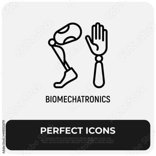 Bionics, biomechatronics thin line icon, prothesis of hand and leg for disabled people. Modern vector illustration.