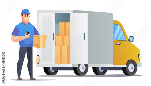 Courier brings packages with van illustration