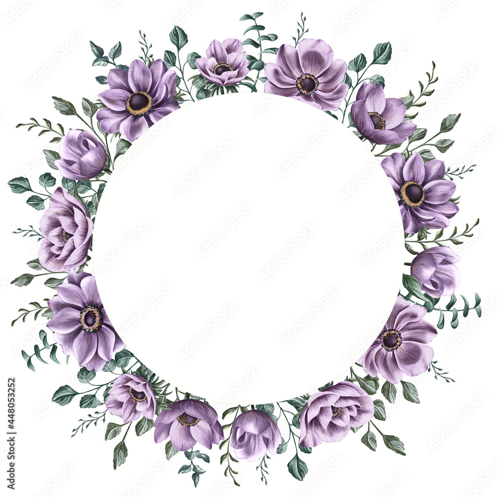 Round frame of gentle violet anemones flowers, cute tine greenery leaves, and branches. Hand-drawn floral circle frame for anniversary postcards, wedding invitations, scrapbooking, packaging, etc. 