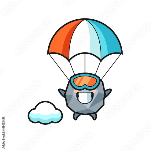 stone mascot cartoon is skydiving with happy gesture