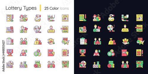 Lottery types light and dark theme RGB color icons set. Gambling games. Winning jackpot. Receive cash prizes. Isolated vector illustrations on white and black space. Simple filled line drawings pack