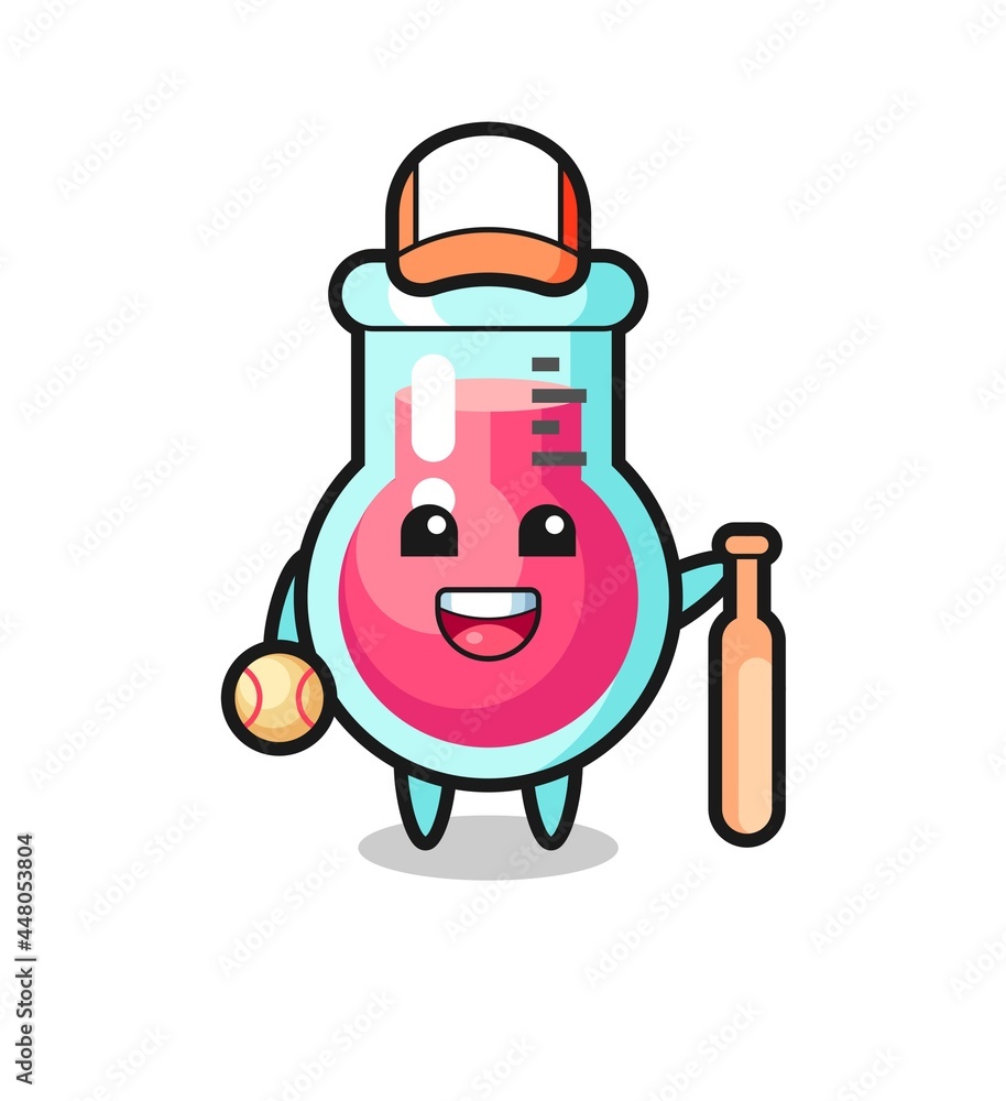 Obraz premium Cartoon character of laboratory beaker as a baseball player