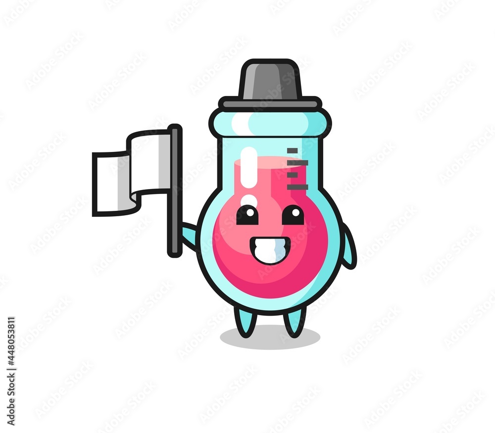 Cartoon character of laboratory beaker holding a flag Cartoon character of laboratory beaker holding a flag
