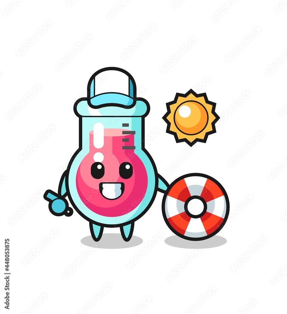 Cartoon mascot of laboratory beaker as a beach guard Cartoon mascot of laboratory beaker as a beach guard
