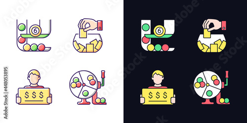 Lottery formats light and dark theme RGB color icons set. Ball draw machine. Raffle. Million-dollar jackpot. Isolated vector illustrations on white and black space. Simple filled line drawings pack