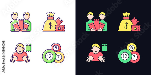 Taking part in lottery light and dark theme RGB color icons set. Pooling ticket purchases. Lump-sum payment. Isolated vector illustrations on white and black space. Simple filled line drawings pack