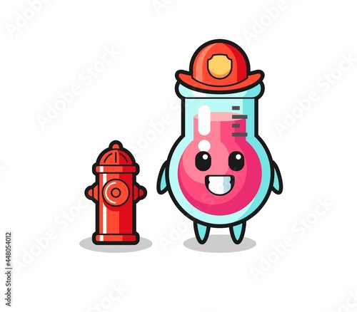 Mascot character of laboratory beaker as a firefighter