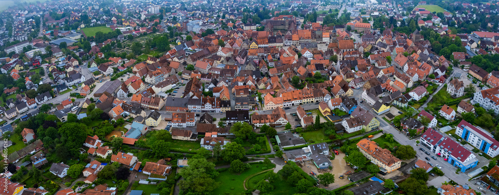 Aerial view of the city Altdorf bei Nürnberg in Germany, Bavaria on a cloudy morning day in Spring