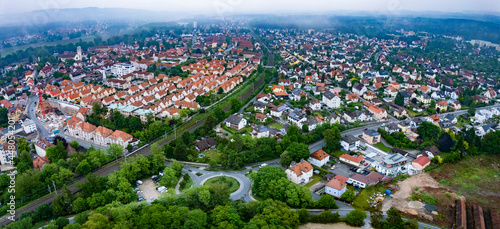 Aerial view of the city Röthenbach an der Pegnitz in Germany, Bavaria on a cloudy morning day in Spring